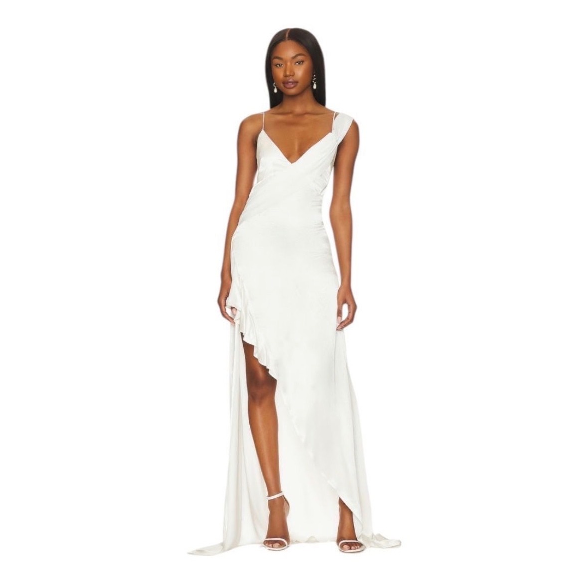 $468 Nwt Lover And Friends James Gown Satin Ruffle Asymmetrical Slit Wedding